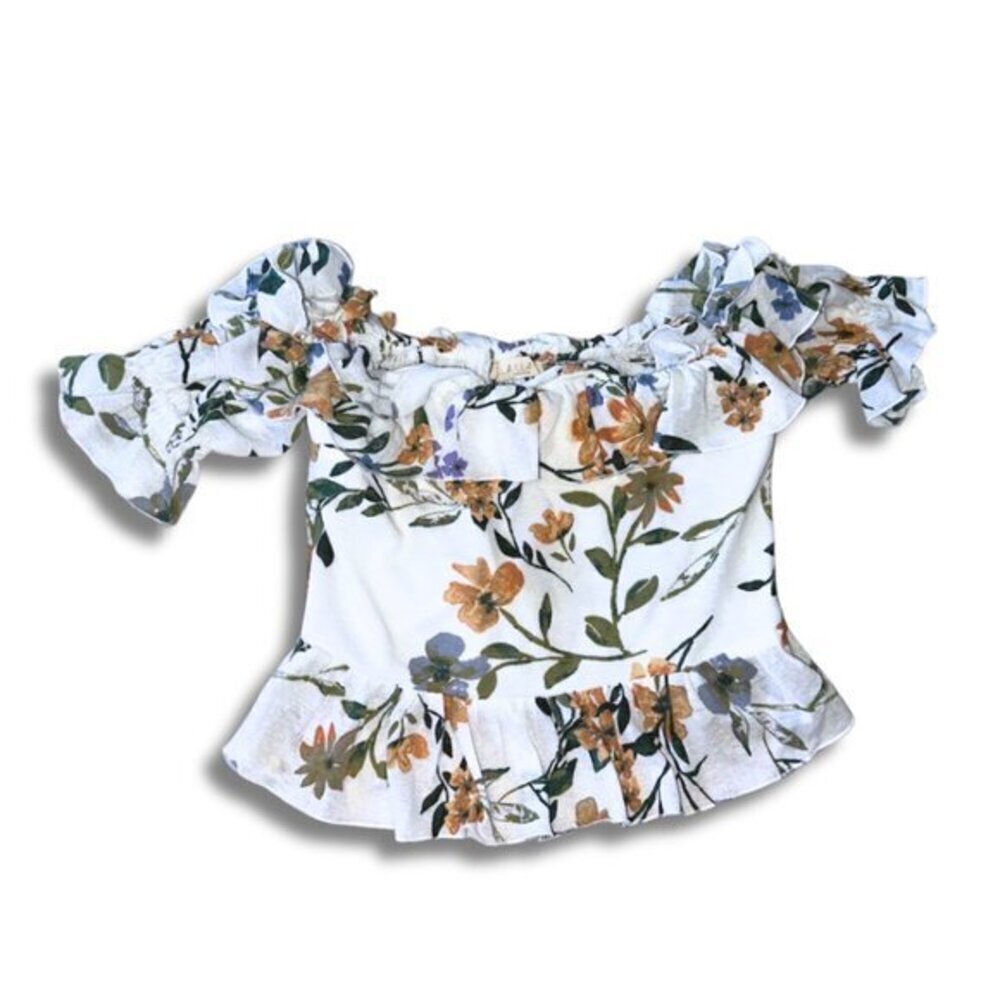 Illa Illa White Floral Ruffle Off Shoulder Crop Top - Picture 1 of 6